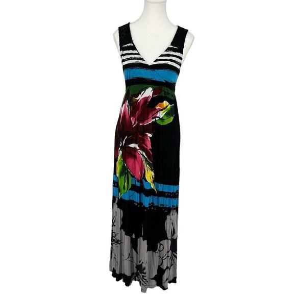 Desigual‎ Maxi Dress Septiembre Crochet Back Colorful Floral Black Medium - Picture 3 of 10